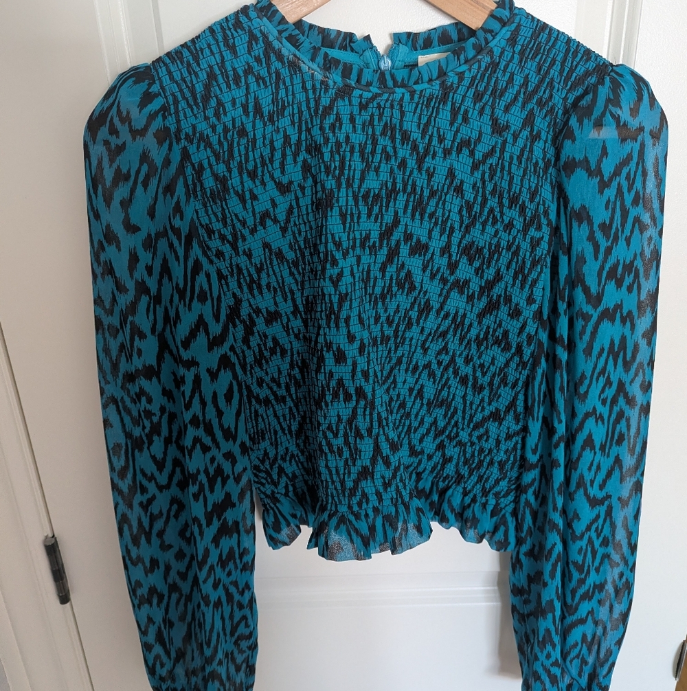 Aritzia Wilfred Teal and Black Patterned Blouse